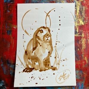 Rabbit‎ original coffee painting art real Java home decor artwork Artettina USA
